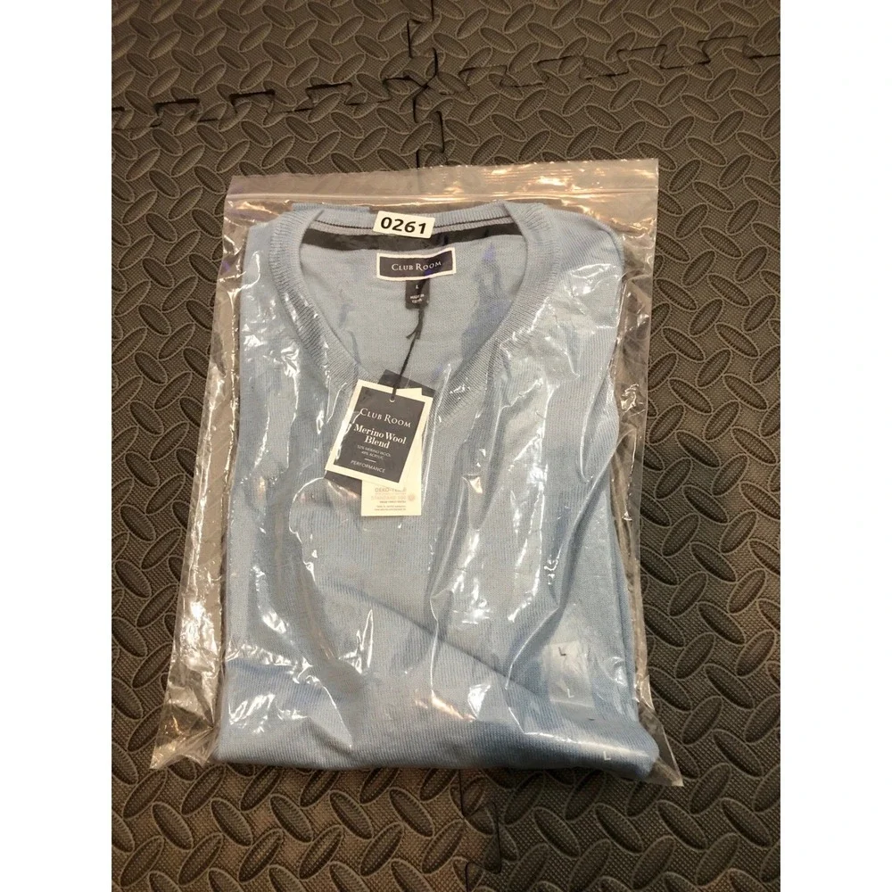 Club Room Sweater Mens Large Blue Merino Wool Blend V-Neck Pullover 100099700MN